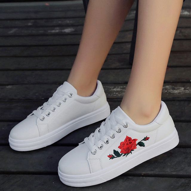 White Rose Embroidered Shoes Women s Fashion Footwear