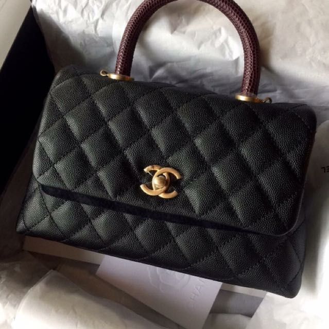 Chanel Small Coco Handle Quilted Black Caviar Lizard Handle Gold