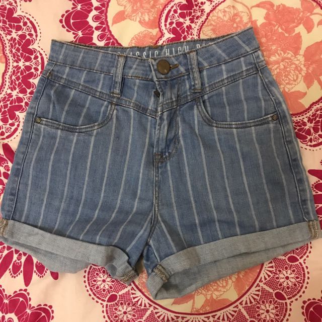 high waisted blue and white striped shorts
