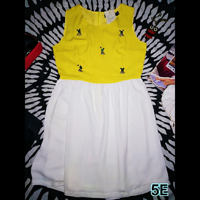 Mustard Yellow and White Embellished Dress, Women's Fashion, Dresses