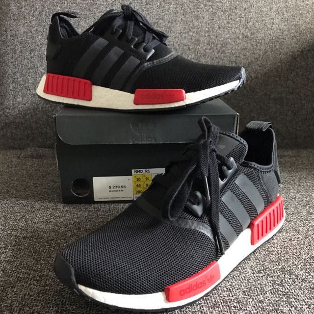 New Adidas Nmd R1 Black Red US 10, Men's Fashion on Carousell