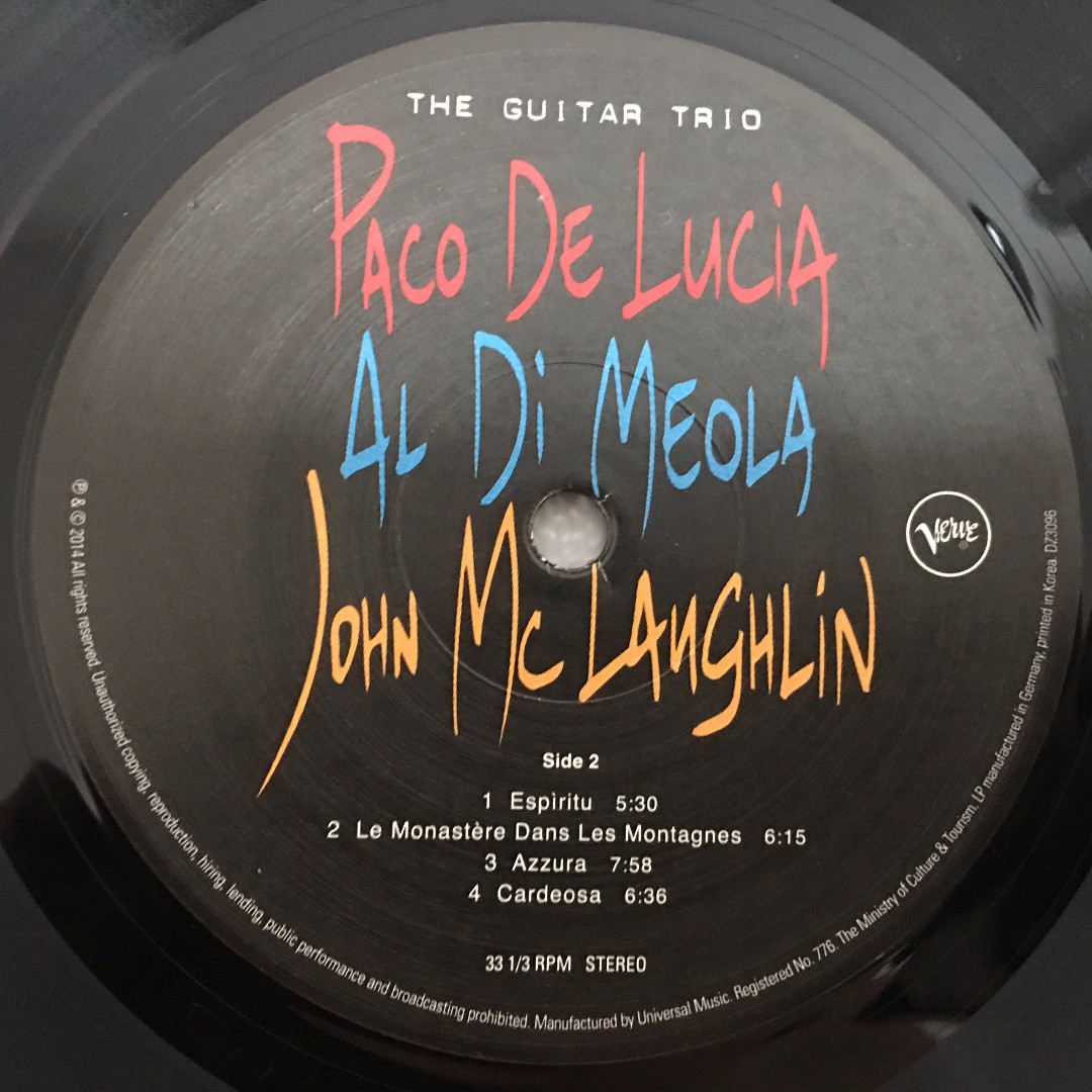 John McLaughlin / Al Di Meola / Paco De Lucía ‎– The Guitar Trio, Vinyl LP,  Universal Music Korea ‎– DZ3096, 2012, Korea