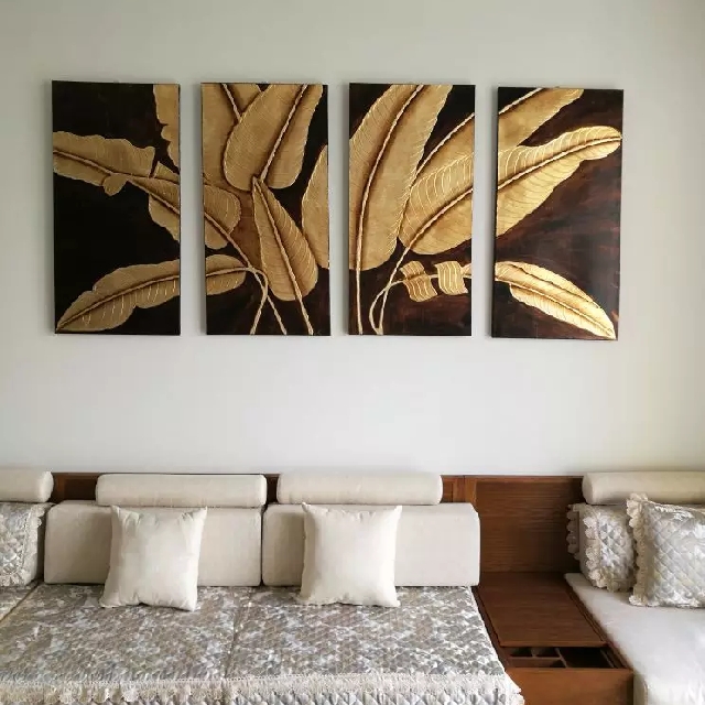 Handmade Gold Foil 3d Banana Leaf Painting 4 Pieces New