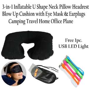 3-in-1 Inflatable U Shape Neck Pillow Headrest Blow Up Cushion with Eye Mask & Earplugs