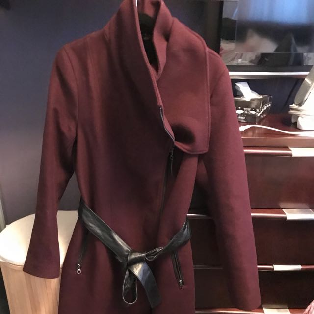 Mackage Nori Belted Wool coat with Leather Trim Bordeaux XL