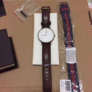 正品 DW Daniel Wellington 36mm 金框 棕色皮革錶帶