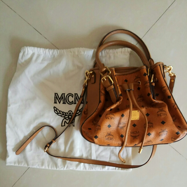 MCM, Bags, Authentic Mcm Drawstring Shoulder Bag Leather Brown Gold  Plated Made In Germany