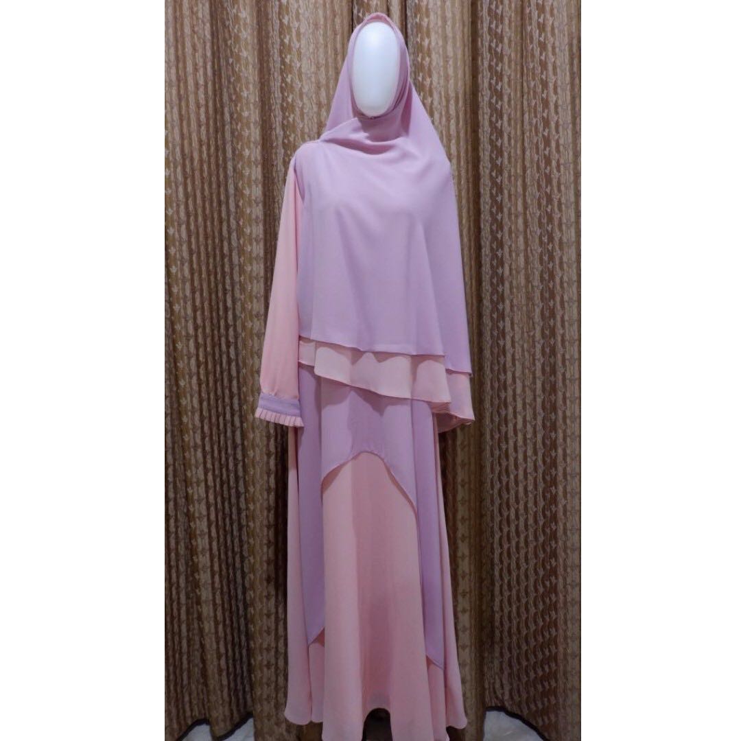 Hijab Syari 1 Set Jilbab Dan Gamis Warna Pink Peach Kombinasi