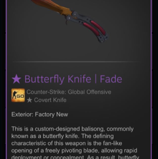 Csgo skins Butterfly Knife Fade FN, Video Gaming, Video Game Consoles