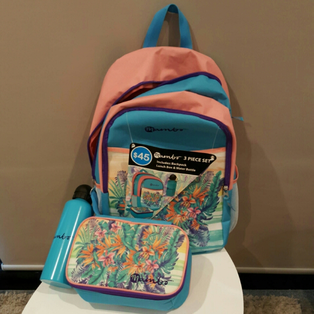 Mambo Pink School Bag with Water Bottle Lunchbox Pouch