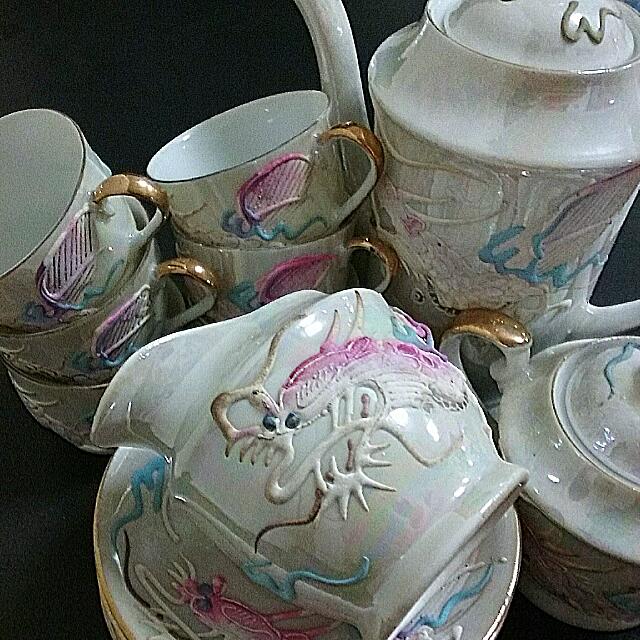 Vintage 1950s Moriage Japan Dragonware Porcelain Tea Set With Raised