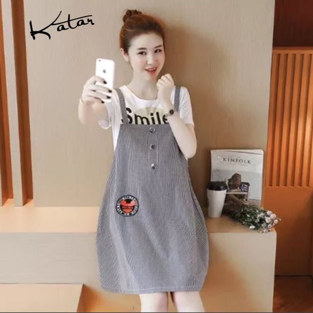 Katar Maternity Dress Cute Trendy Korean Checked Dress M Xxl