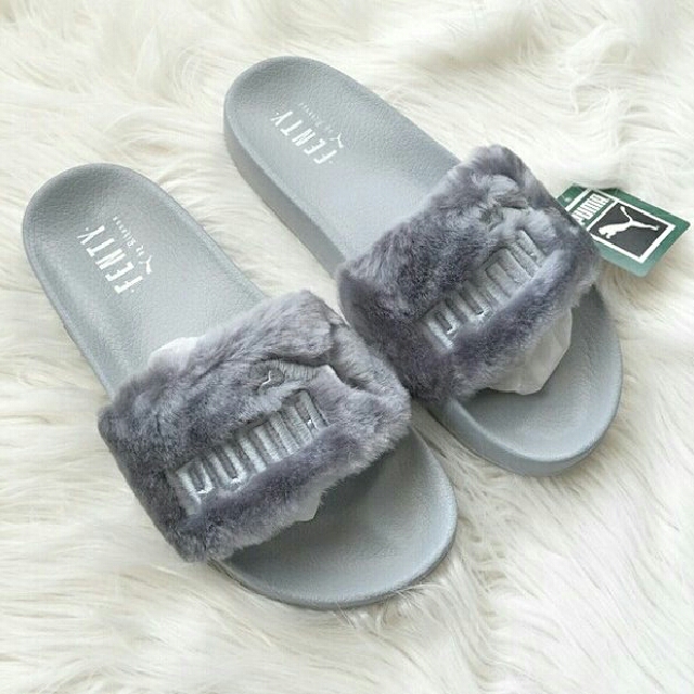 fenty fur slides grey