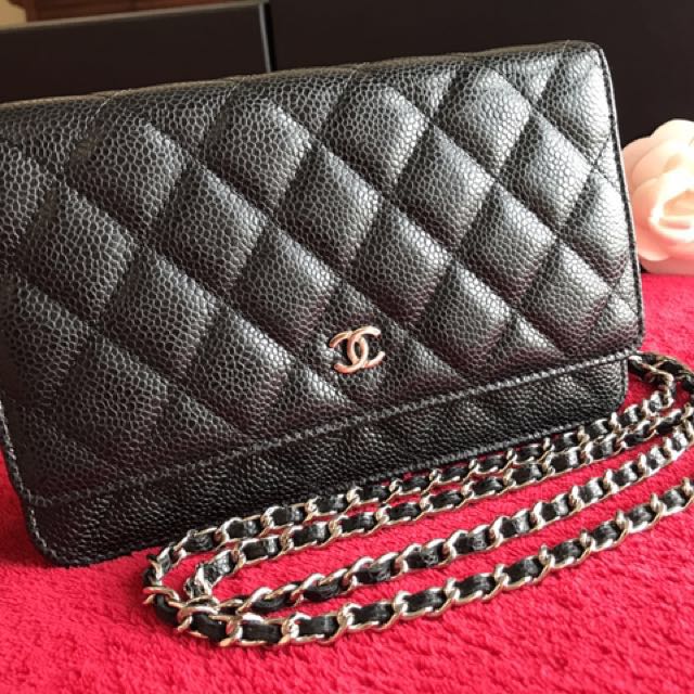 Authentic Like new Chanel Wallet on chain o-mini sac Black Caviar Silver  hardware