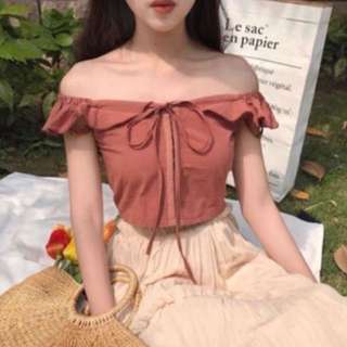 INSTOCK: Red Bean Muted Dusty Dull Off The Cold Shoulder Crop Frilly Chic Flutter Ribbon Lace Tie Korean Style Ulzzang Top