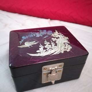 Traditional Jewelry Box with Mother Of Pearl Iridescent Birds and Cherry Blossom Inlay from Korea