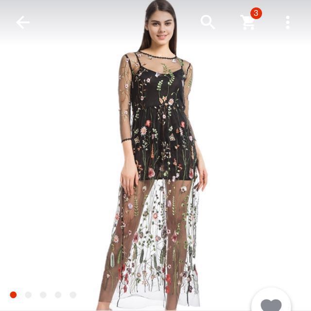 black mesh floral embroidered dress