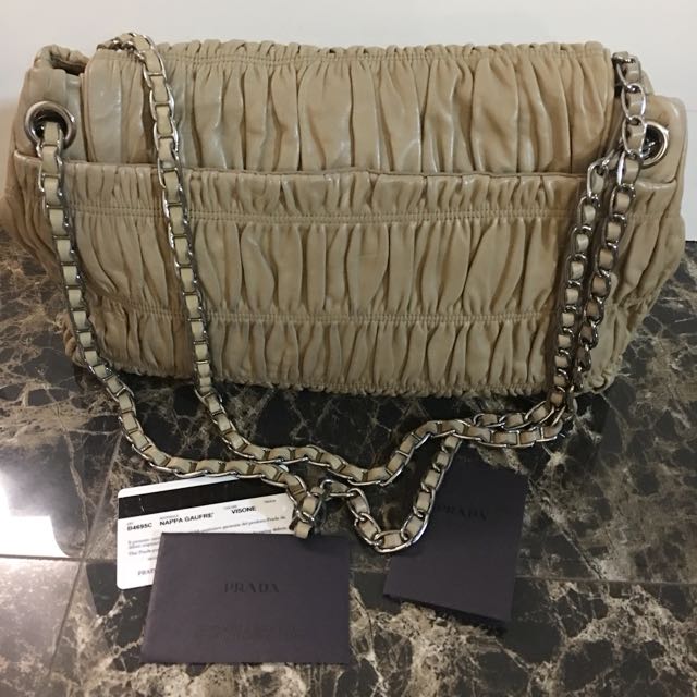 Prada Napa Gaufre Baguette Bag Pleated w/Tortoise Chain Handle Dusty Rose  $3500