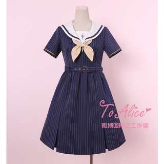  Preppy Cute Lolita Sailor Uniform Dress Marine Blue Cross Embroidery Cute Bow Ribbon Accessory M-L Size - From Harajuku Fashion Brand "To Alice"