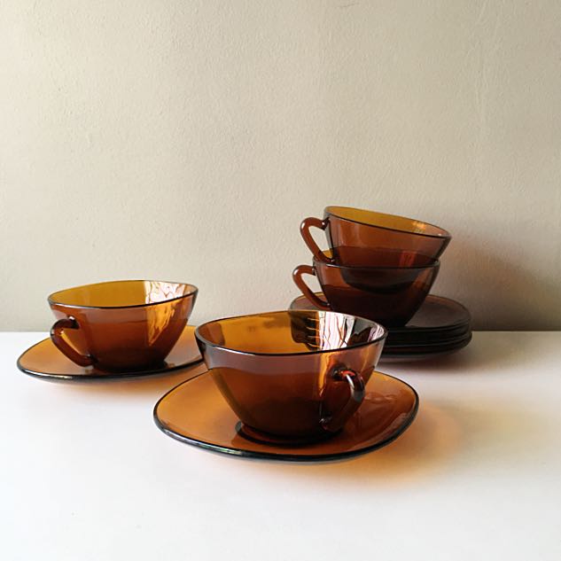 10pc Vintage Vereco Amber Glass Teacup Set Kitchen Appliances On Photo
