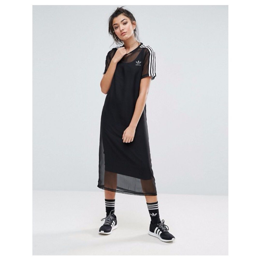Adidas Originals Black Midi Dress With Sheer Mesh Overlay Women s Fashion Tops Sleeveless on Carousell