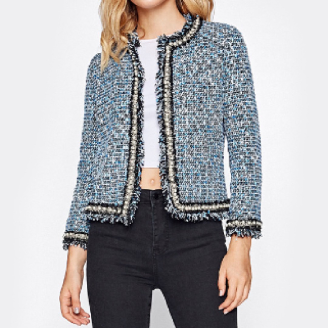 PO - Pearl Beading Blue Tweed Blazer with Frayed Trimmings, Women's ...