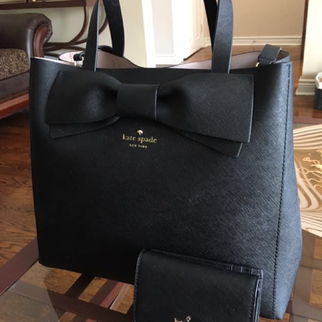 kate spade black tote pink inside