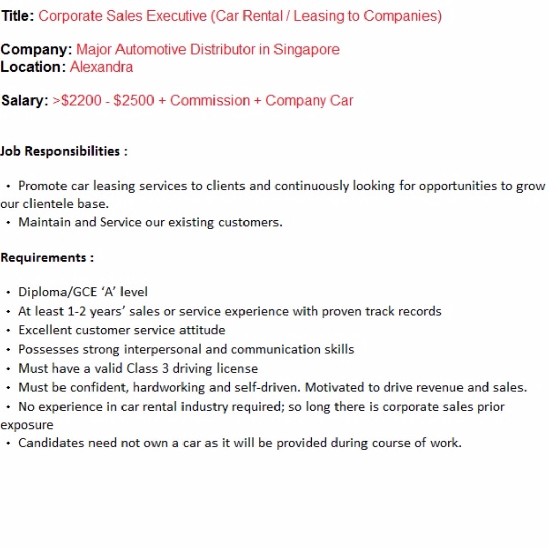 Job Opportunity Corporate Sales Executive Car Rental Leasing To Companies On Carousell