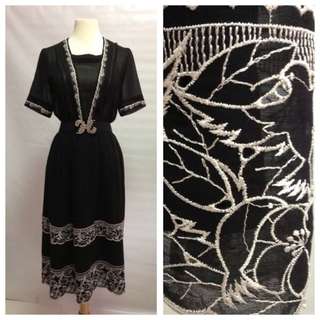 Vintage 80's Black with White Embriodered Lace Hem Dress