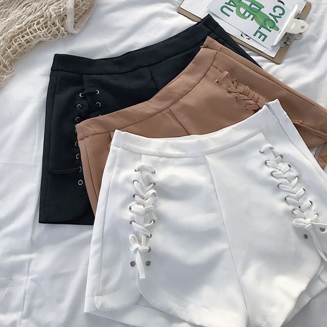 Instock Beige Black White Tied Lace High Waist Shorts Korean Japan Women S Fashion Clothes Pants Jeans Shorts On Carousell