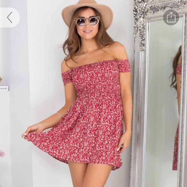 Red floral cold shoulder dress sale