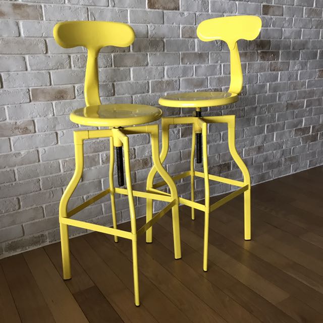Yellow metal bar stools x 2, Furniture & Home Living, Furniture, Tables