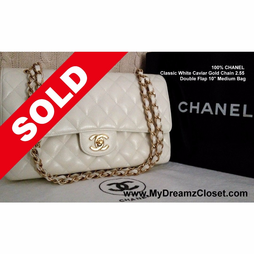 SOLD Authentic Chanel White Caviar Double Flap Bag - 100% Classic Gold  Chain 2.55 10 Medium Bag