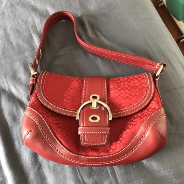Authentic Coach F10926 Signature Soho Purse Red Jacquard Leather Hobo Handbag
