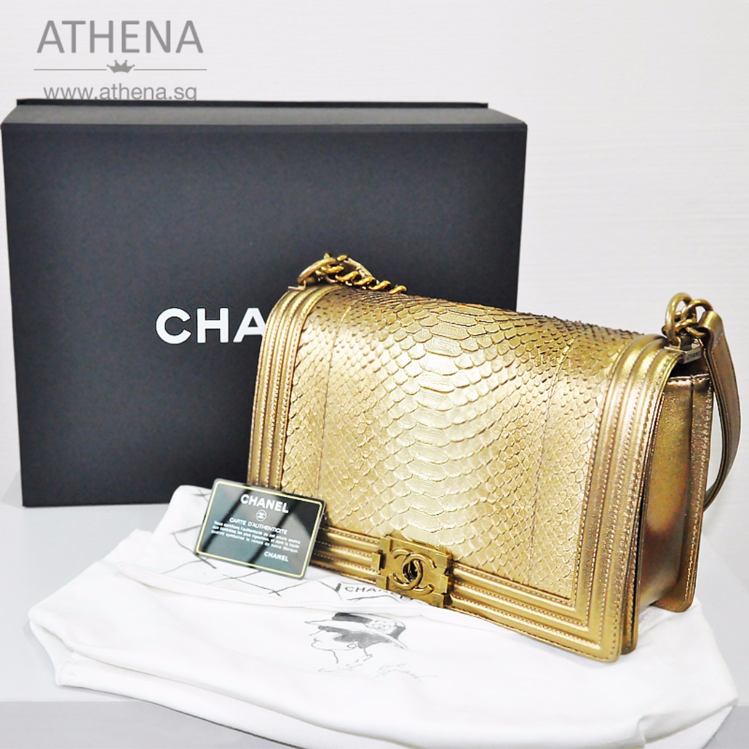 Chanel New Medium Boy Flap Bag Gold Python In Metallic Lambskin, Luxury,  Bags & Wallets on Carousell