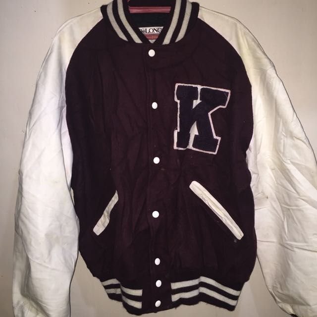 maroon and white varsity jacket