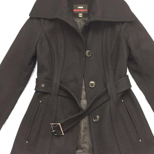 Women S Slim Cut Black Wool Winter Coat Belted Hip Length Xs