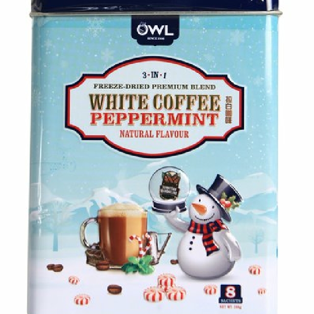 Brand New Owl Metal Tin White Coffee Peppermint Limited Festive