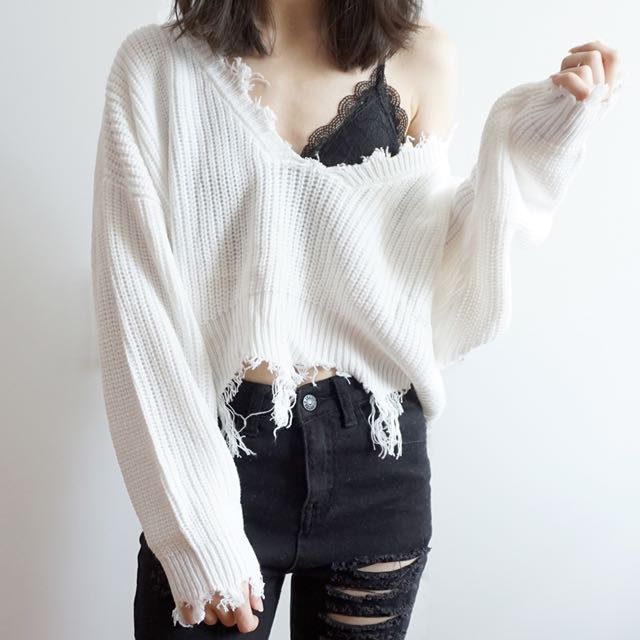 Distressed V Neck Cropped Sweater White