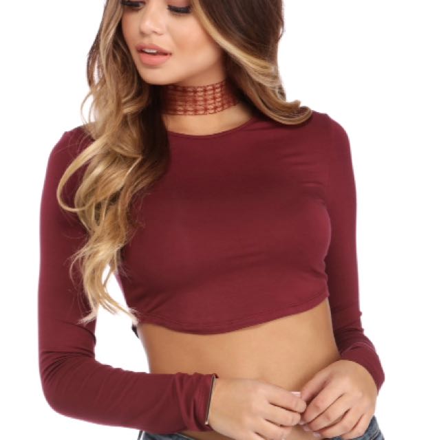 Maroon crop top long sleeve Sale