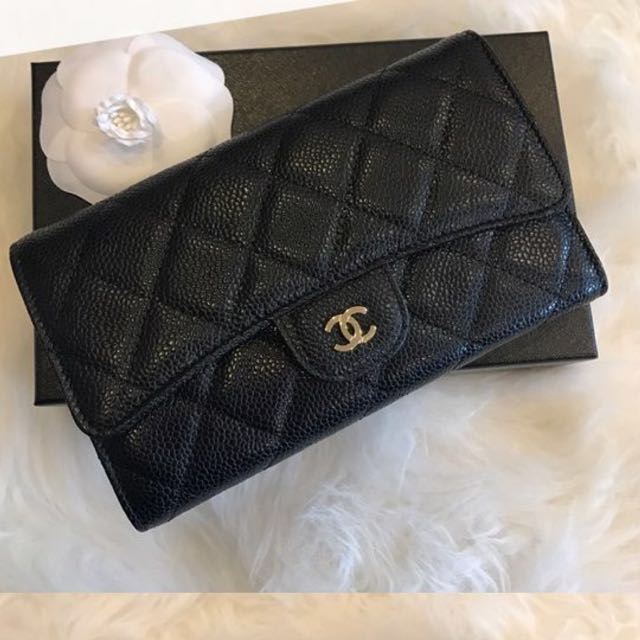 Bnib Authentic Chanel Classic Flap Long Wallet In Black Caviar