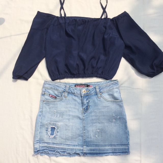 off shoulder top with denim skirt