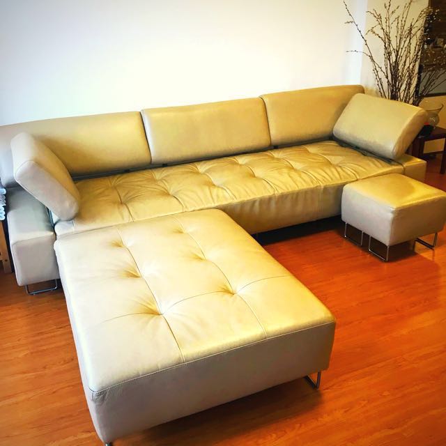 Top Grain Aniline Leather Sofa w/ Chaise & Stool, Furniture & Home