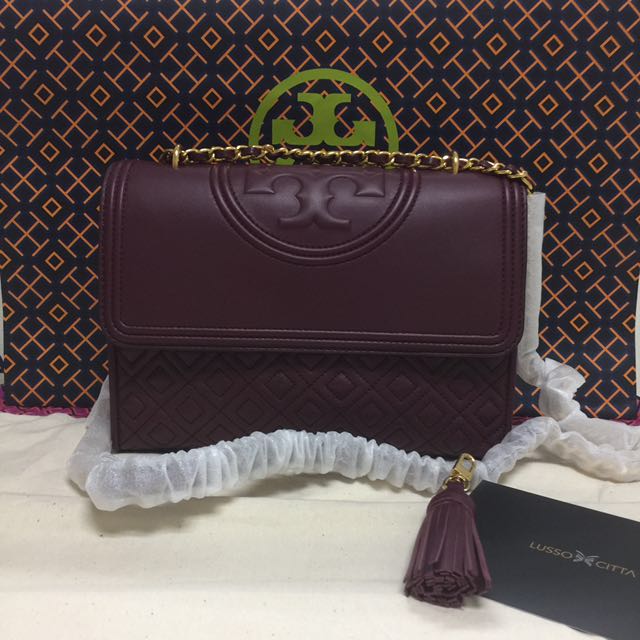 Tory burch emerson wallet chain crossbody bag saffiano leather imperial  garnet