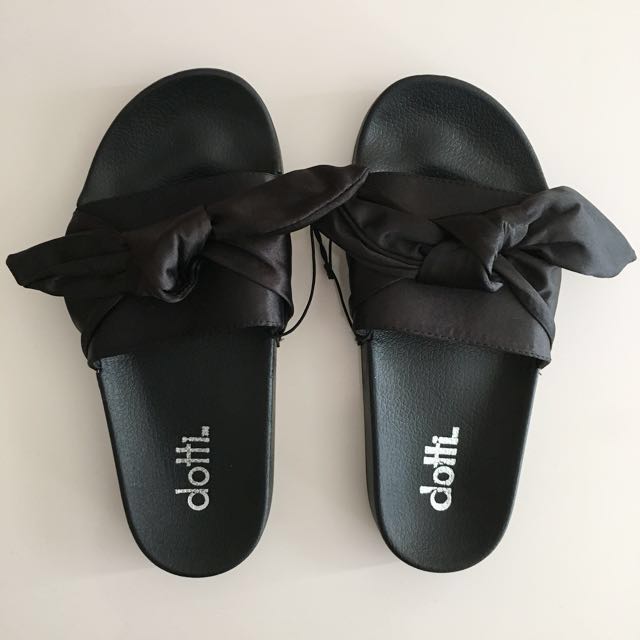 DOTTI Black Bow Pool Slides Sandals 