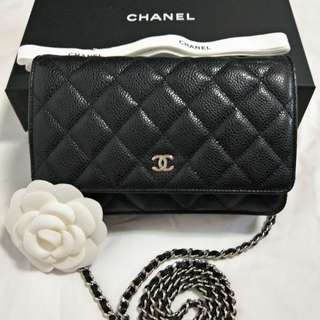 Chanel wallet on chain woc black caviar silver hardward