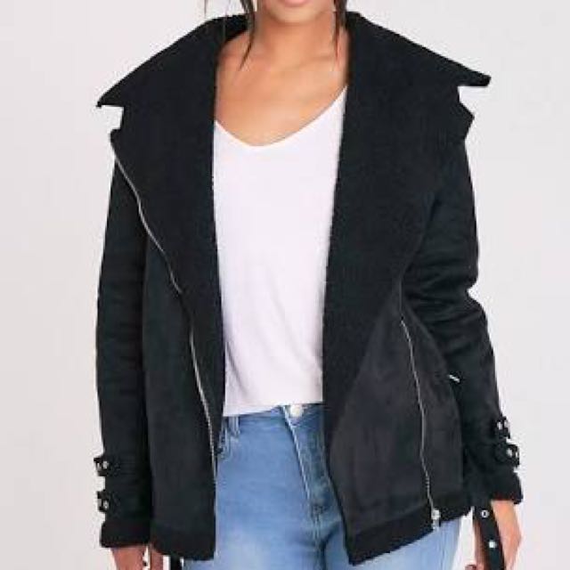 Prettylittlething Emilia Black Suede Sherpa Winter Coat Jacket
