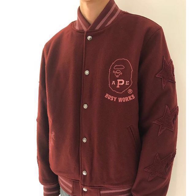 Bape Varsity Jacket Men S Fashion Clothes On Carousell Bape a bathing ape general made face embroidered varsity jacket. carousell