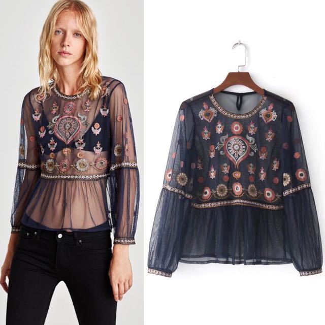 zara embroidered tulle top
