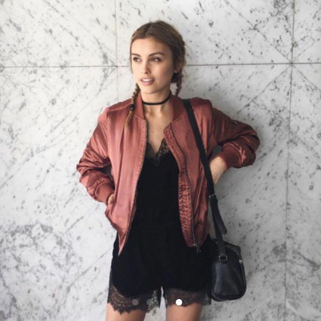 Rose gold satin bomber jacket discount